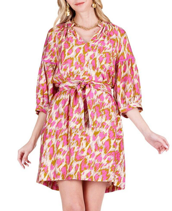 Magenta Splash Puff Sleeve Dress