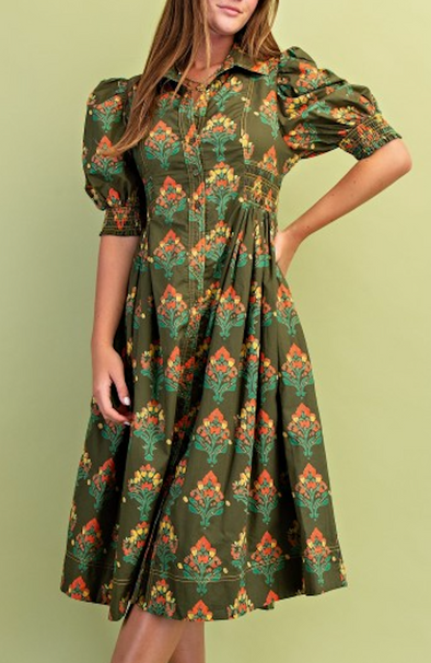 knee length dresses for ladies Gigio Floral Print Mixed Midi Dress Smocked Bodice